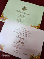 KLB-1131 White Peach Lotus Barat Laser Cut Padded Thick Wedding Card (2 Page & Couple Name Acrylic)-Kalash Cards