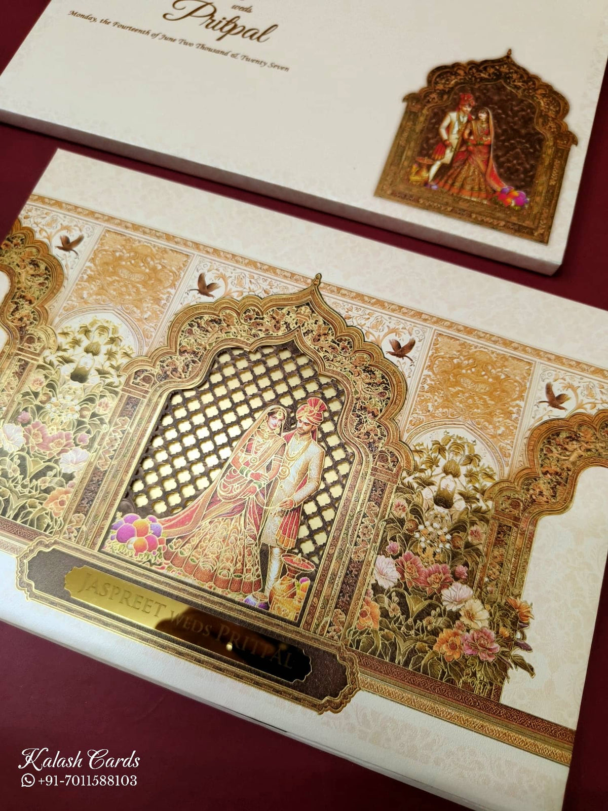KLB-1132 Creme Bride Groom Laser Cut Padded Thick Wedding Card (2 Page & Couple Name Acrylic)