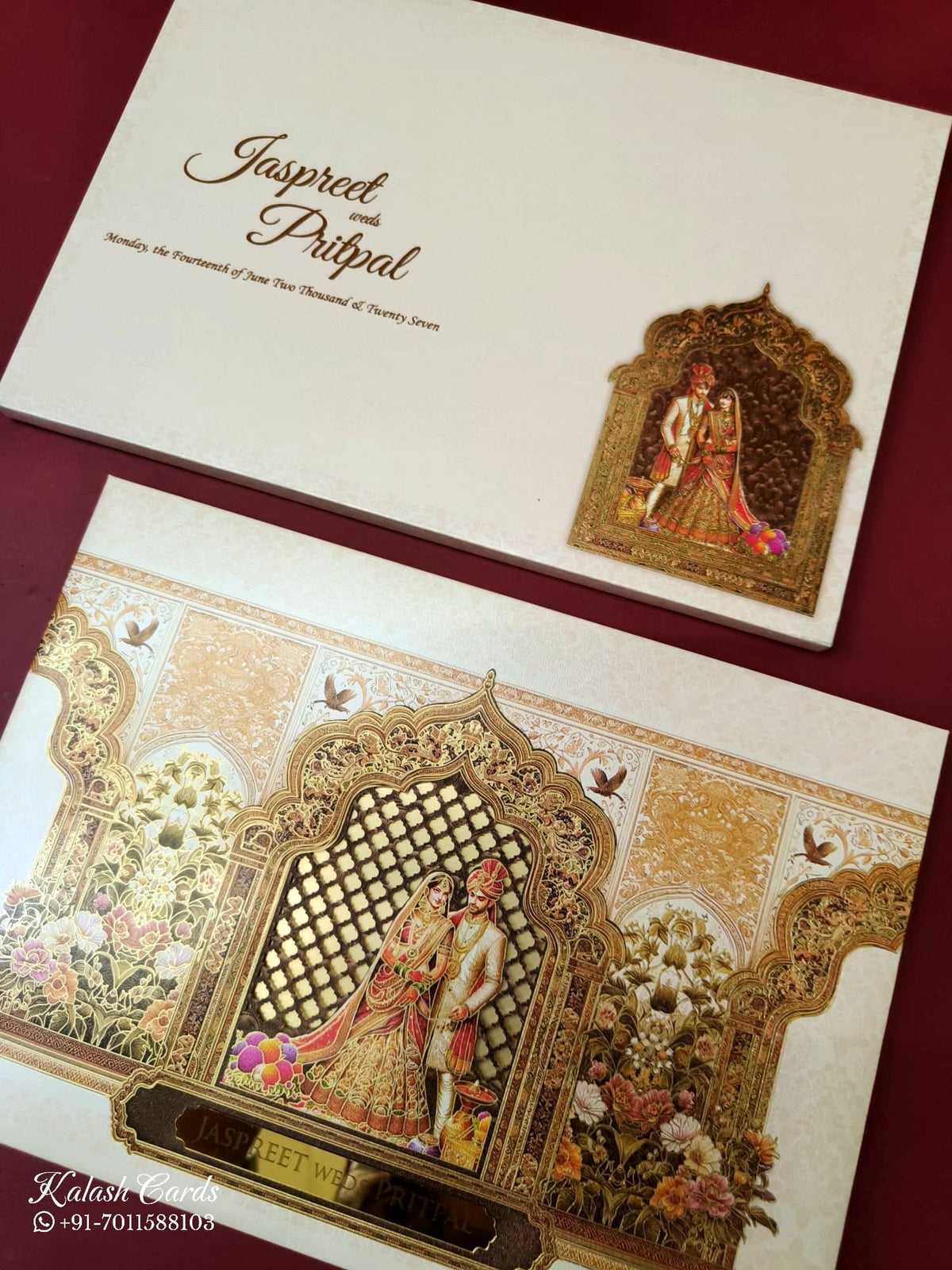 KLB-1132 Creme Bride Groom Laser Cut Padded Thick Wedding Card (2 Page & Couple Name Acrylic)