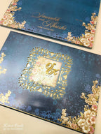 KLB-1133 Blue Floral Laser Cut Padded Thick Wedding Card (2 Page & Couple Name Acrylic)