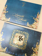 KLB-1133 Blue Floral Laser Cut Padded Thick Wedding Card (2 Page & Couple Name Acrylic)