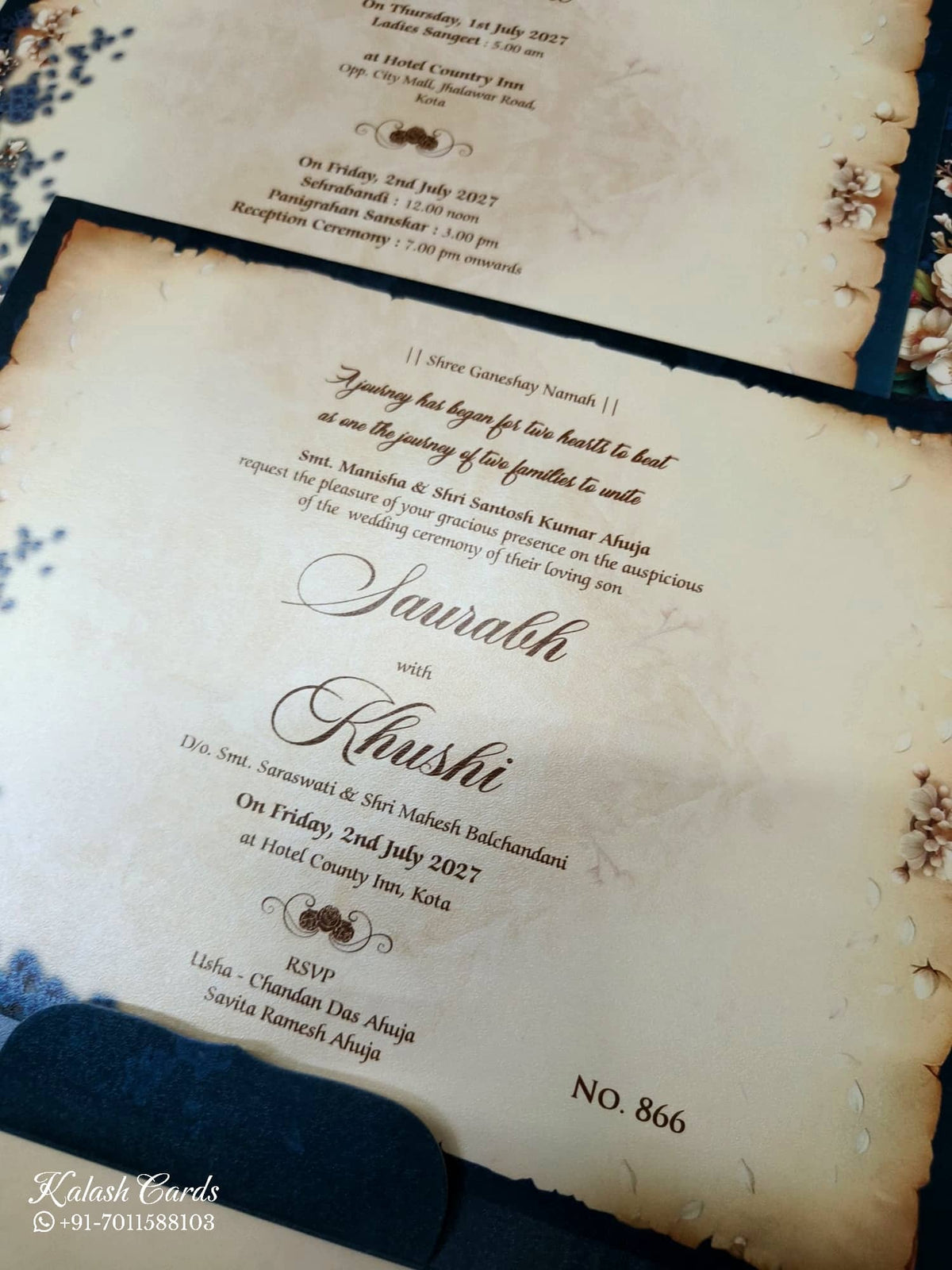 KLB-1133 Blue Floral Laser Cut Padded Thick Wedding Card (2 Page & Couple Name Acrylic)