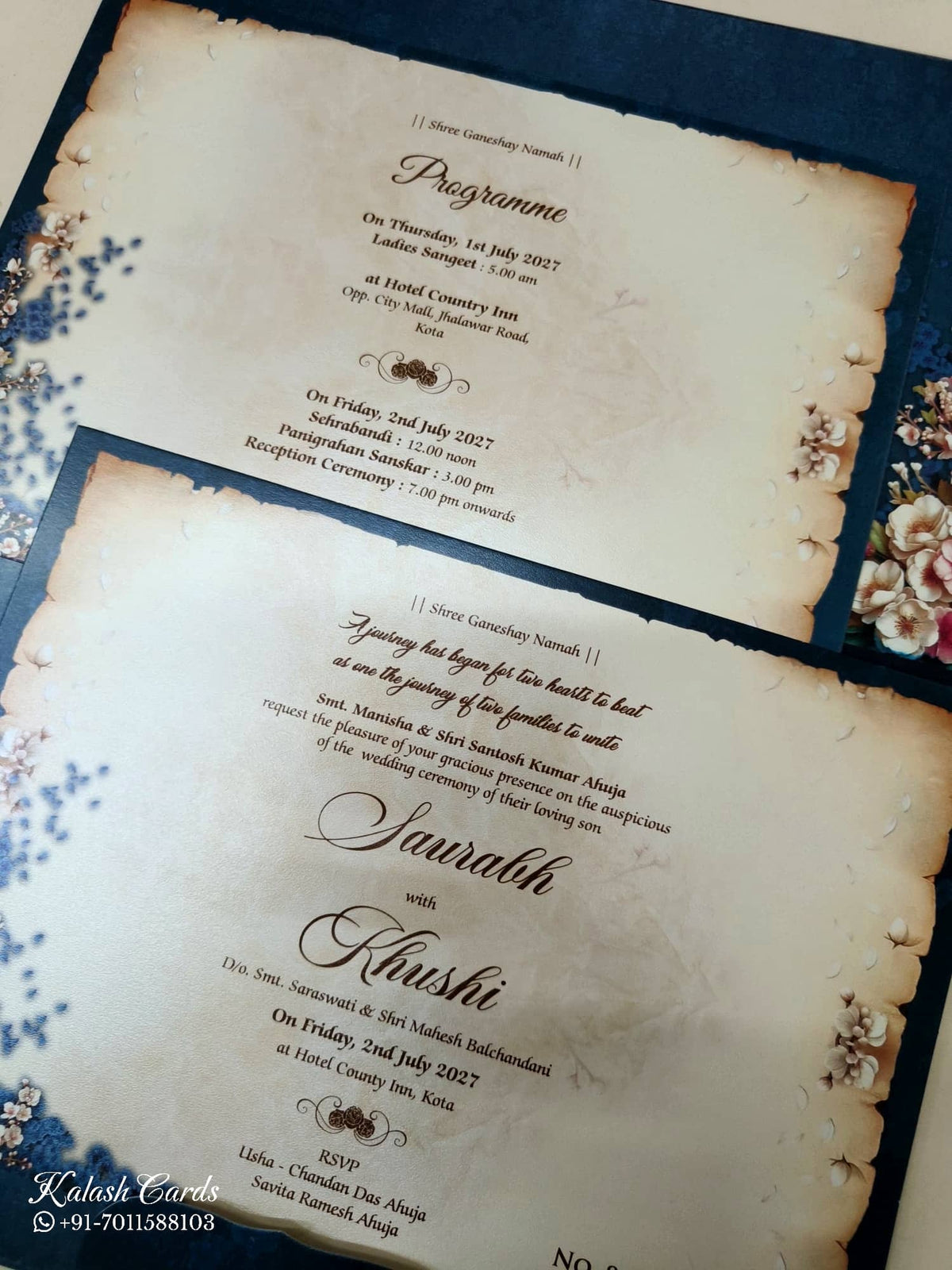 KLB-1133 Blue Floral Laser Cut Padded Thick Wedding Card (2 Page & Couple Name Acrylic)