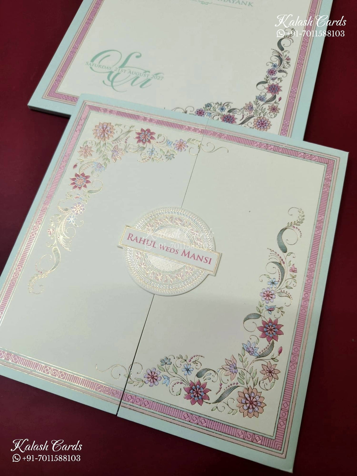 KLB-1134 Creme Green Floral Door Style Semi Box Wedding Card (2 Page)