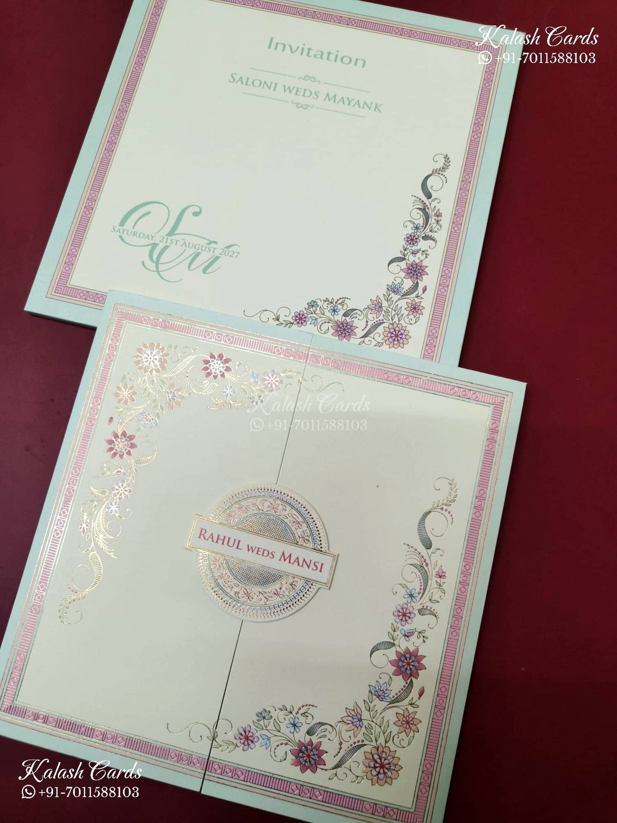 KLB-1134 Creme Green Floral Door Style Semi Box Wedding Card (2 Page)