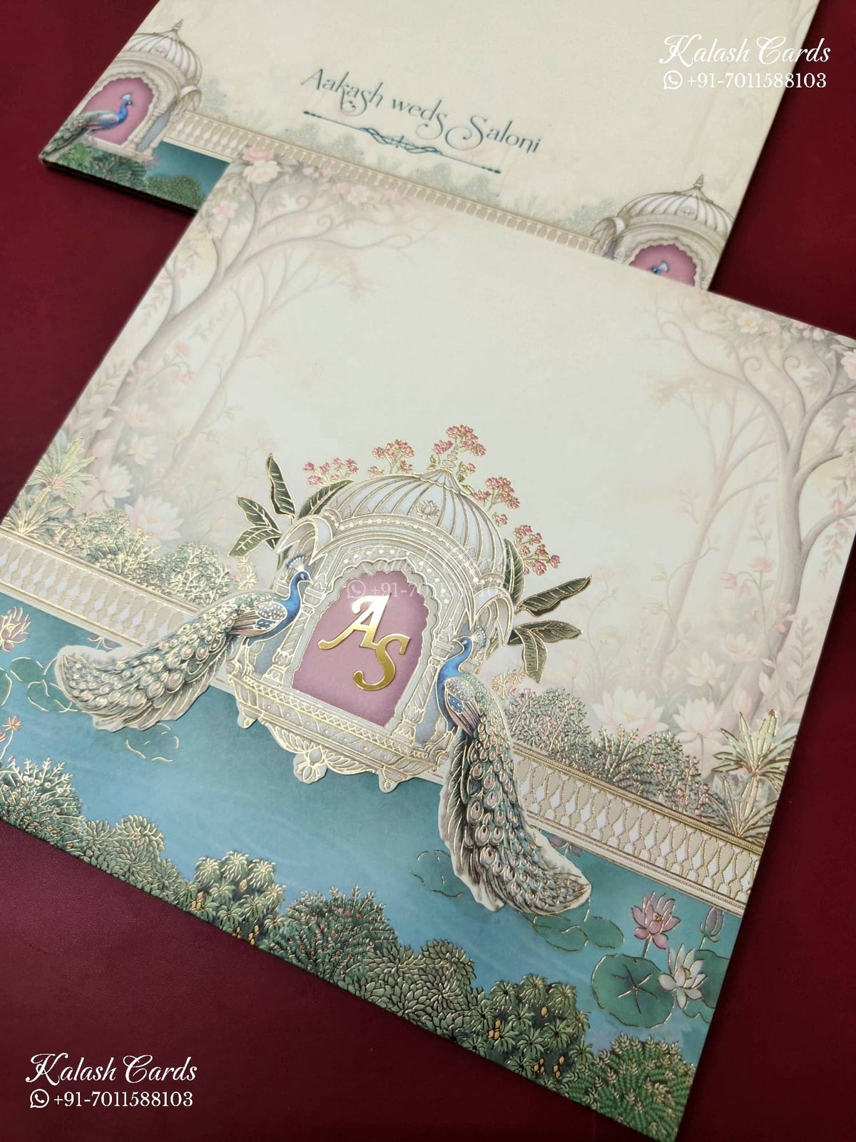 KLB-1135 Creme Blue Peacock Semi Box Wedding Card (2 Page & Couple Initial Acrylic)