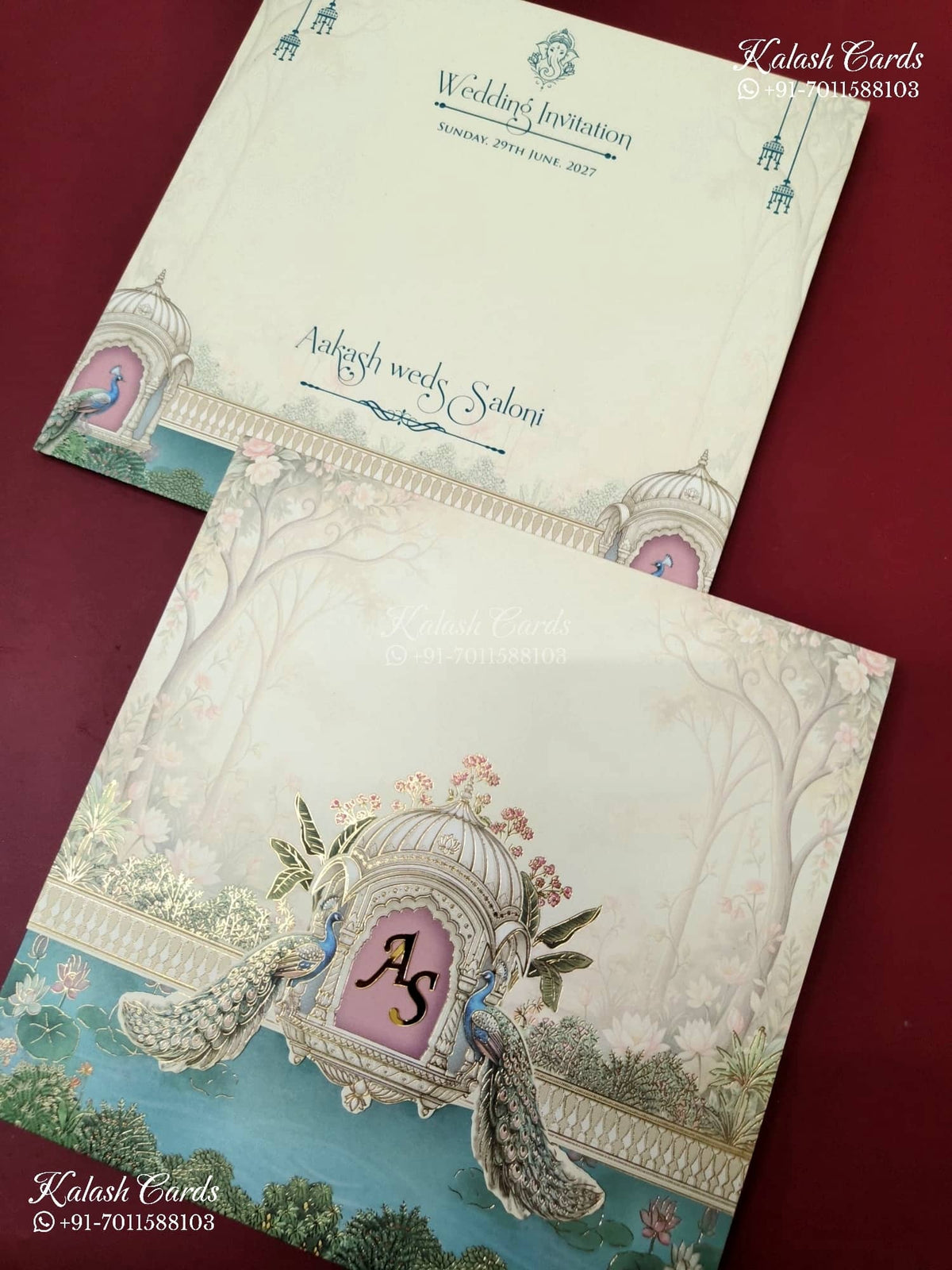 KLB-1135 Creme Blue Peacock Semi Box Wedding Card (2 Page & Couple Initial Acrylic)