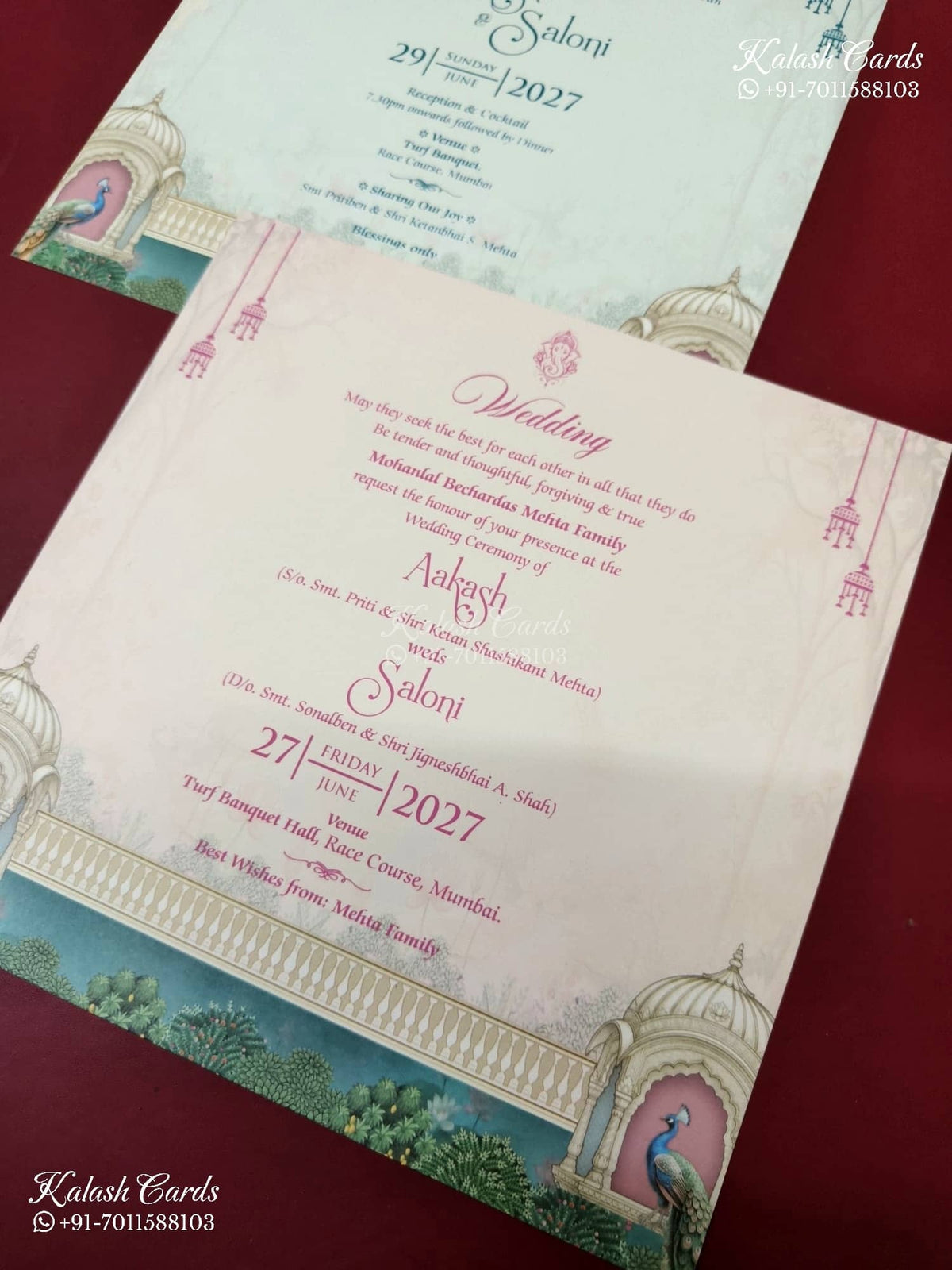 KLB-1135 Creme Blue Peacock Semi Box Wedding Card (2 Page & Couple Initial Acrylic)