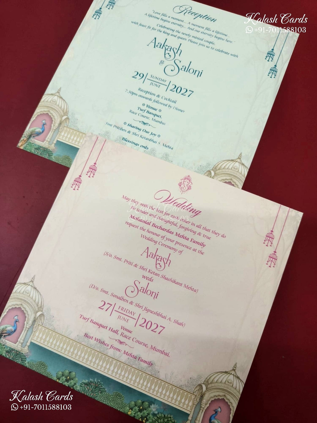 KLB-1135 Creme Blue Peacock Semi Box Wedding Card (2 Page & Couple Initial Acrylic)