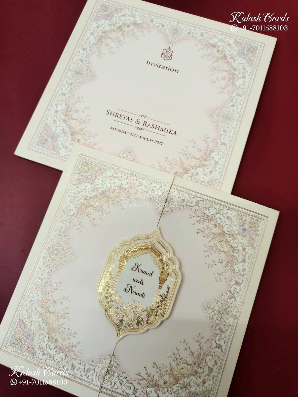 KLB-1136 Creme Floral Door Style Semi Box Wedding Card (2 Page)