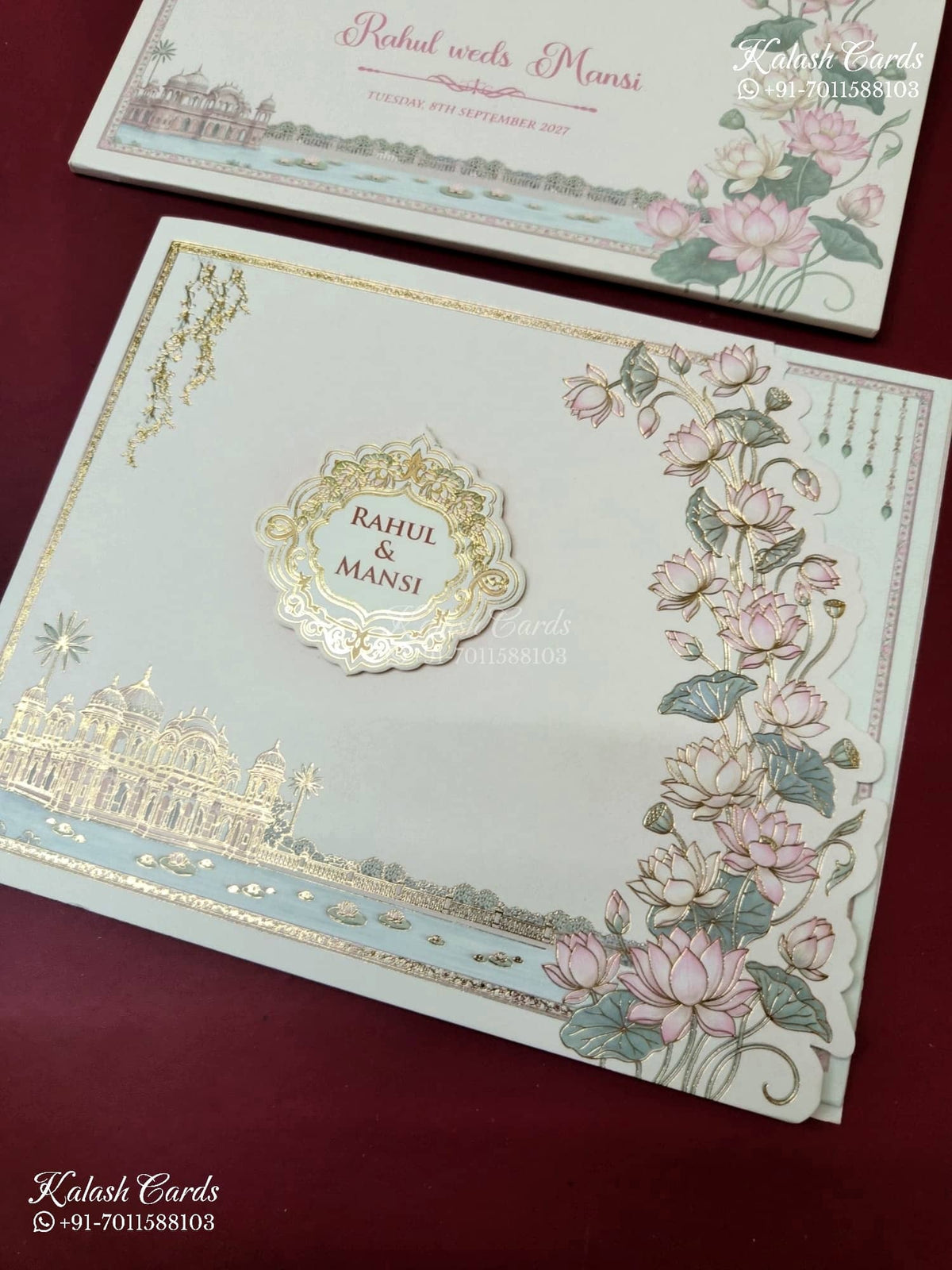 KLB-1138 Creme Royal Fort Lotus Floral Laser Cut Semi Box Wedding Card (2 Page)