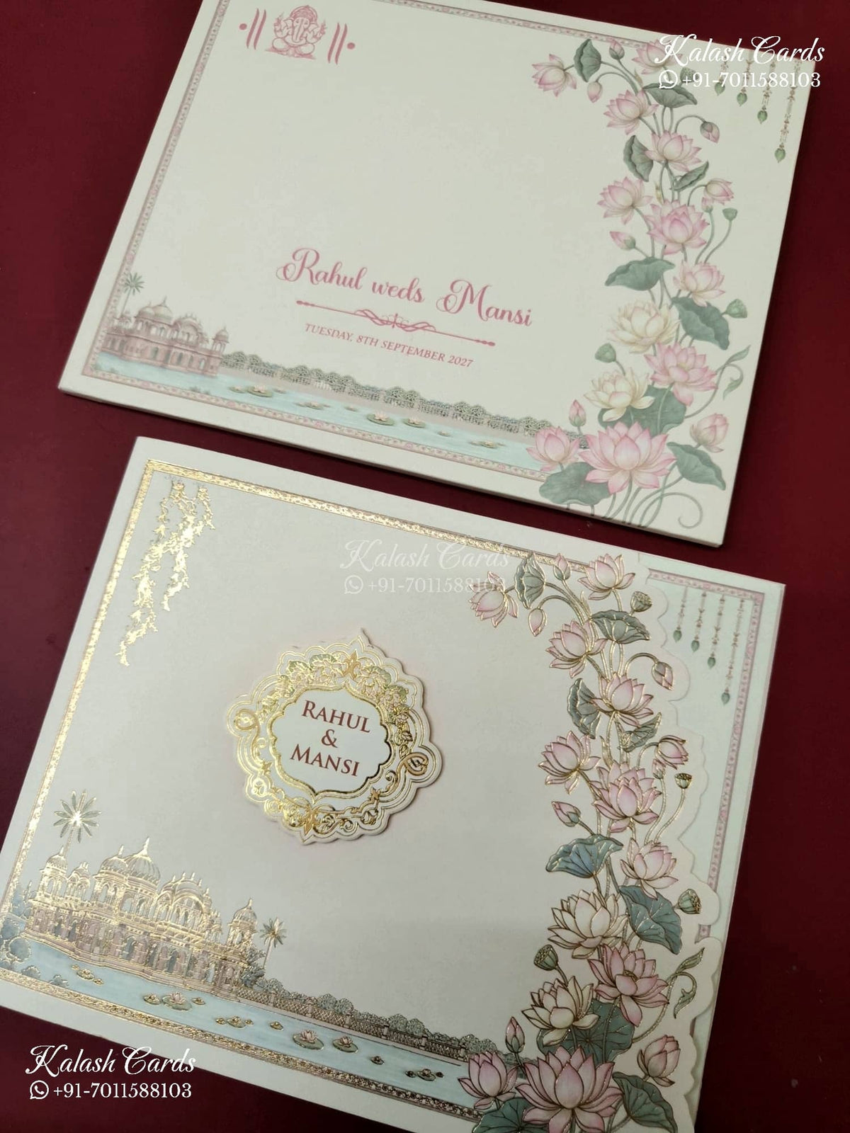 KLB-1138 Creme Royal Fort Lotus Floral Laser Cut Semi Box Wedding Card (2 Page)