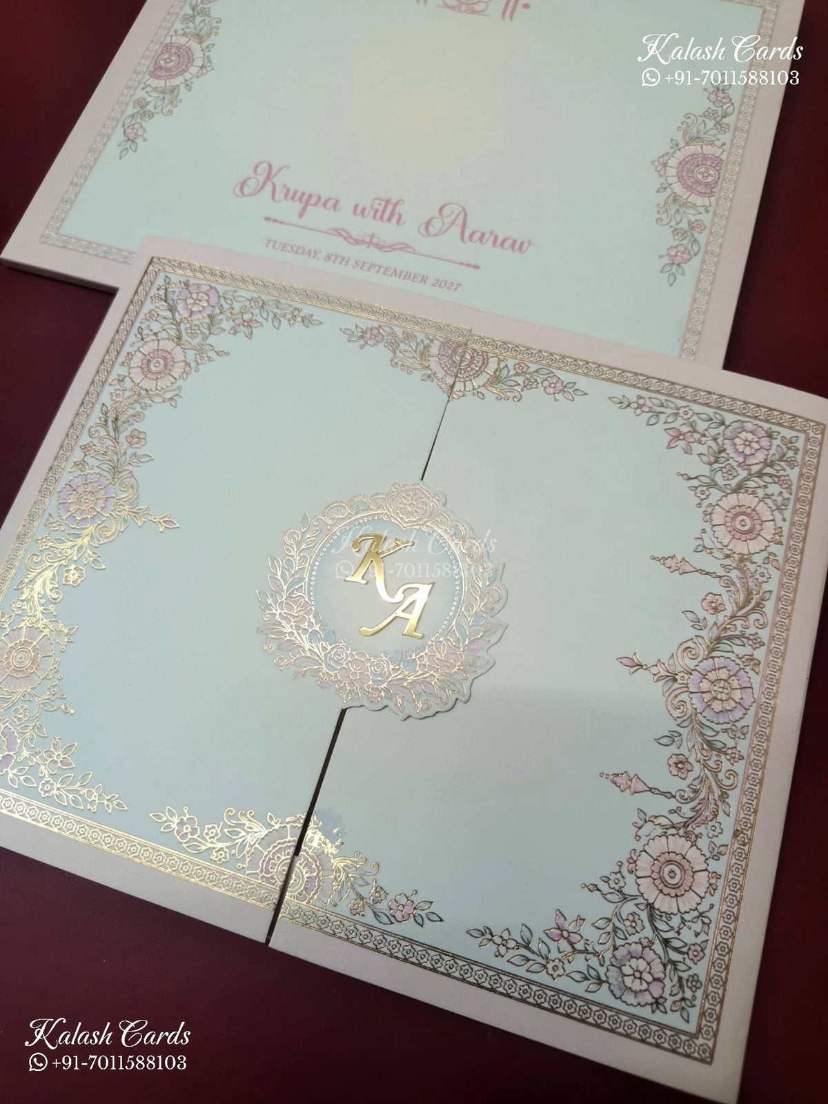 KLB-1139 Blue Floral Door Style Semi Box Wedding Card (2 Page & Couple Initial Acrylic)