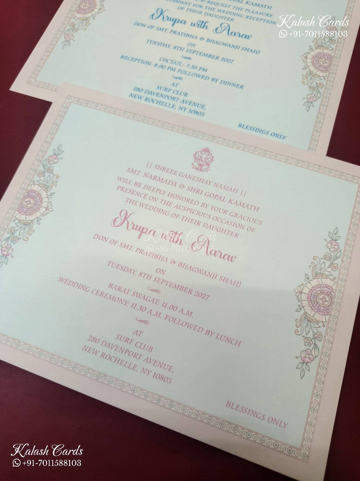 KLB-1139 Blue Floral Door Style Semi Box Wedding Card (2 Page & Couple Initial Acrylic)