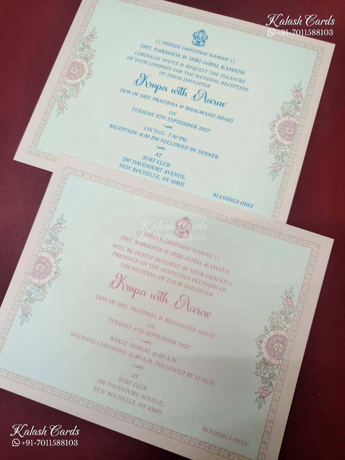 KLB-1139 Blue Floral Door Style Semi Box Wedding Card (2 Page & Couple Initial Acrylic)