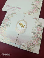 KLB-1140 Creme Royal Fort Rose Floral Door Style Semi Box Wedding Card (2 Page & Couple Initial Acrylic)