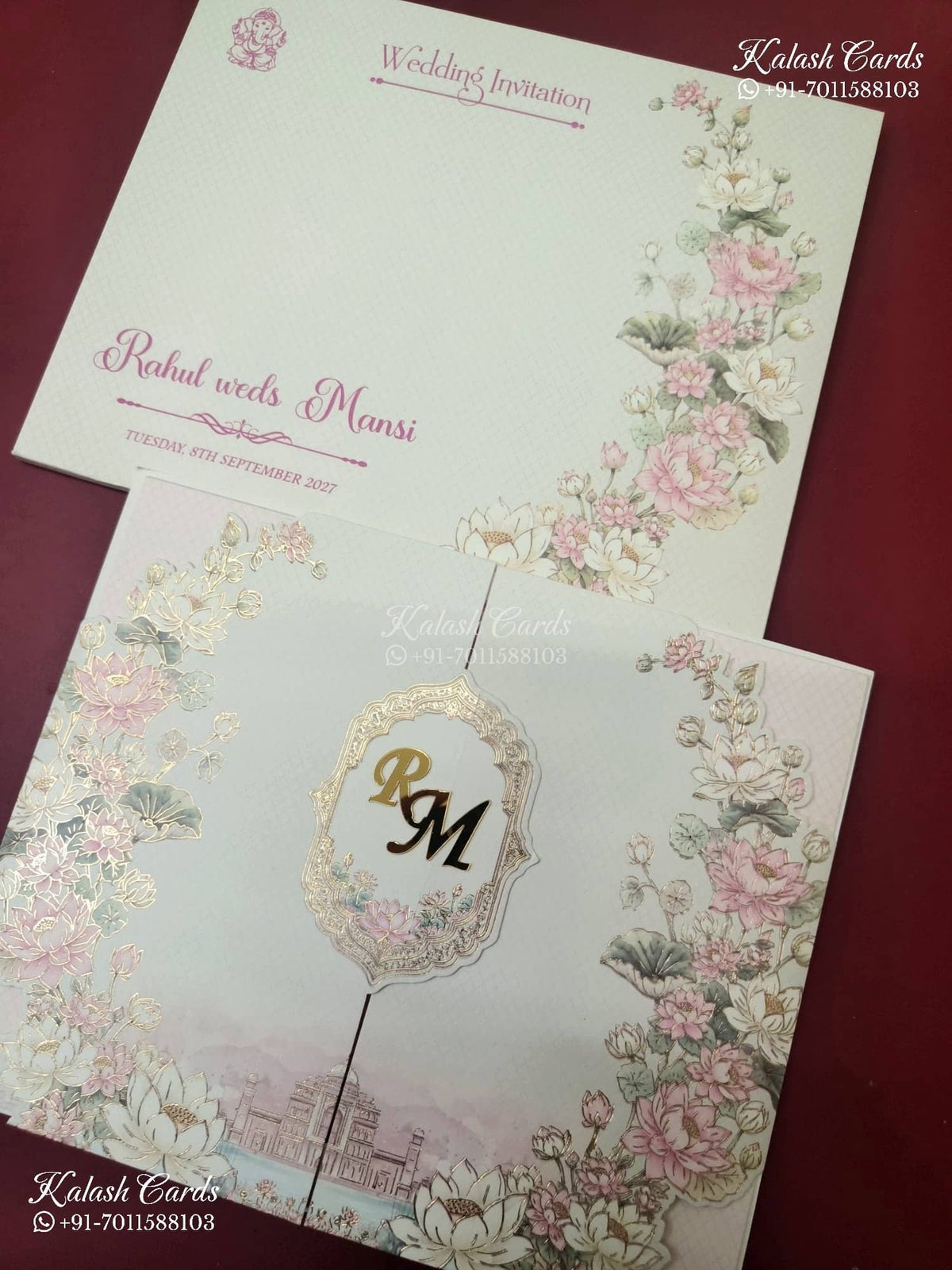KLB-1140 Creme Royal Fort Rose Floral Door Style Semi Box Wedding Card (2 Page & Couple Initial Acrylic)