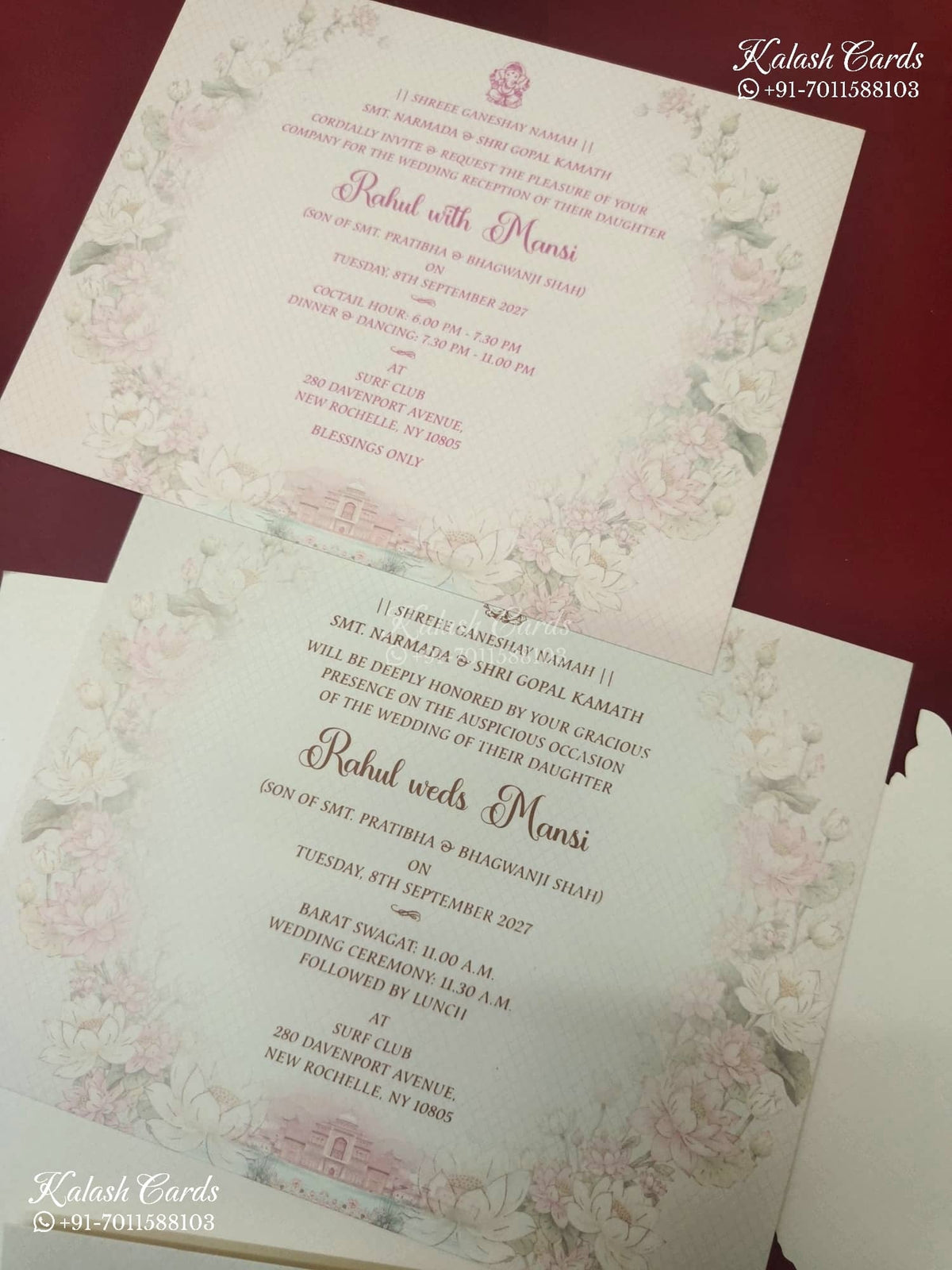KLB-1140 Creme Royal Fort Rose Floral Door Style Semi Box Wedding Card (2 Page & Couple Initial Acrylic)