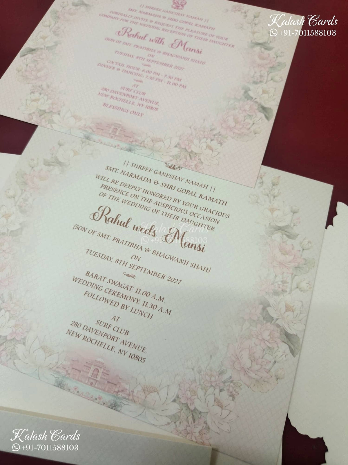 KLB-1140 Creme Royal Fort Rose Floral Door Style Semi Box Wedding Card (2 Page & Couple Initial Acrylic)