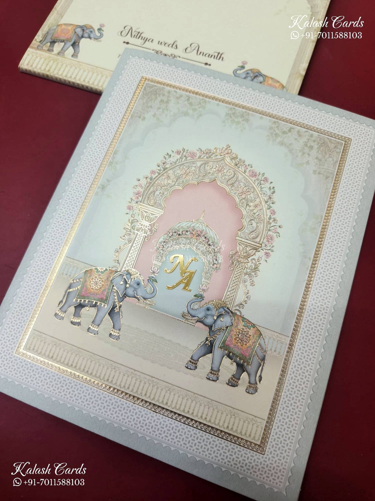 KLB-1144 Blue Elephant Semi Box Wedding Card (2 Page & Couple Initial Acrylic)