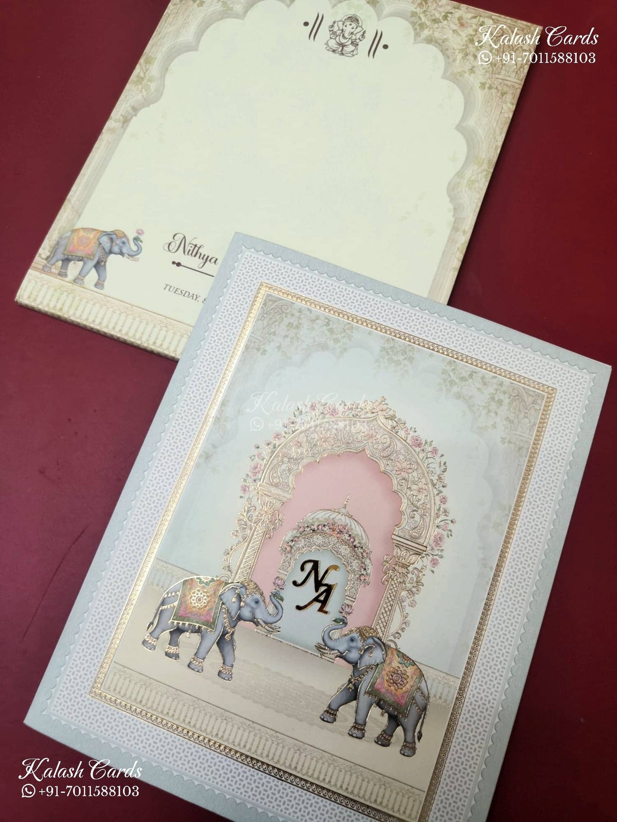 KLB-1144 Blue Elephant Semi Box Wedding Card (2 Page & Couple Initial Acrylic)