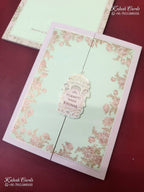 KLB-1145 Green Pink Floral Door Style Semi Box Wedding Card (2 Page)