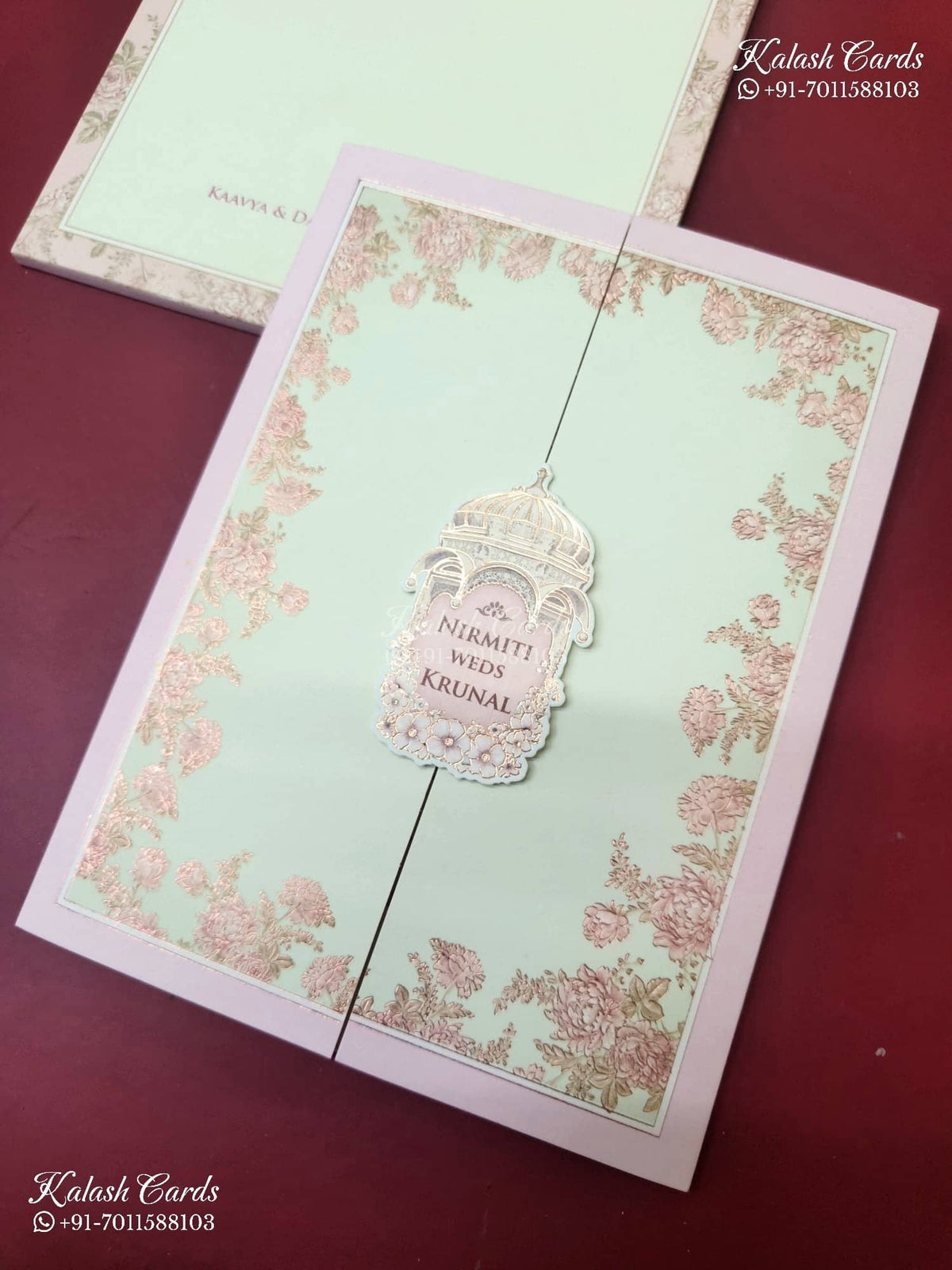 KLB-1145 Green Pink Floral Door Style Semi Box Wedding Card (2 Page)
