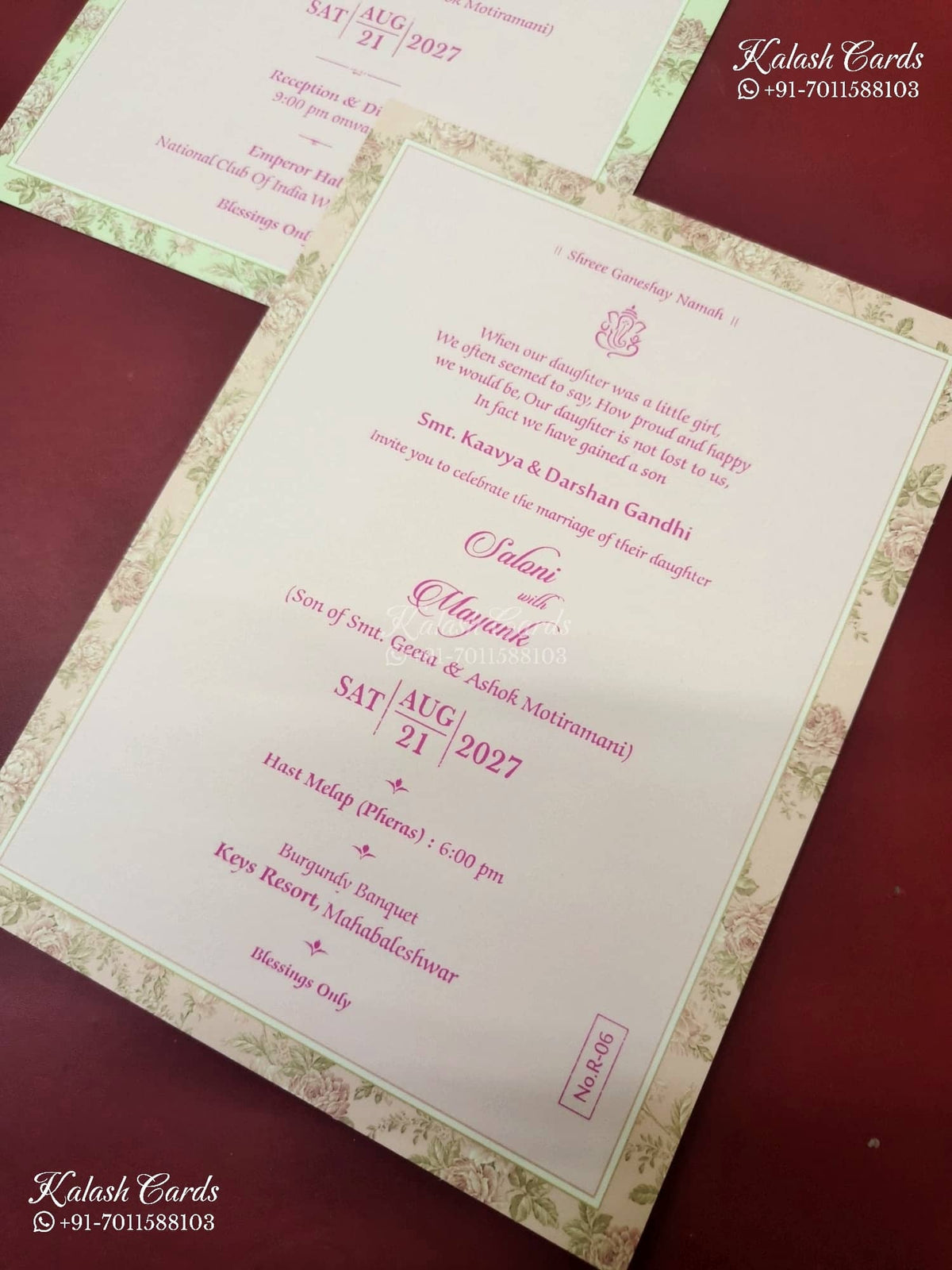 KLB-1145 Green Pink Floral Door Style Semi Box Wedding Card (2 Page)