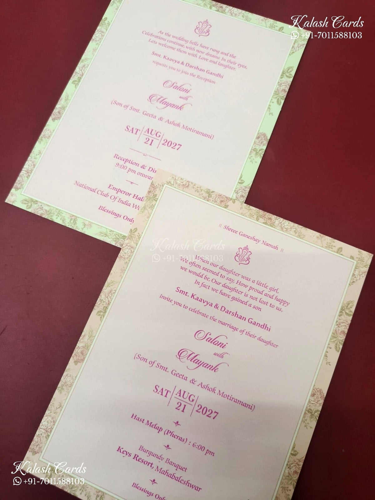 KLB-1145 Green Pink Floral Door Style Semi Box Wedding Card (2 Page)