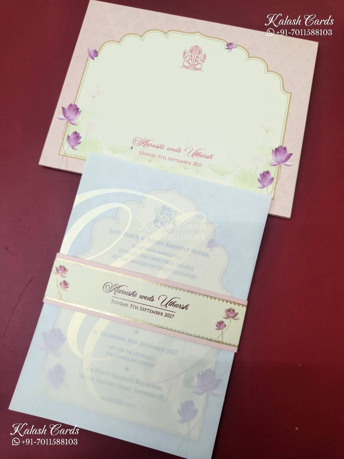 KLB-1146 Pink Lotus Floral Semi Box Wedding Card (2 Page & Sealing Band)