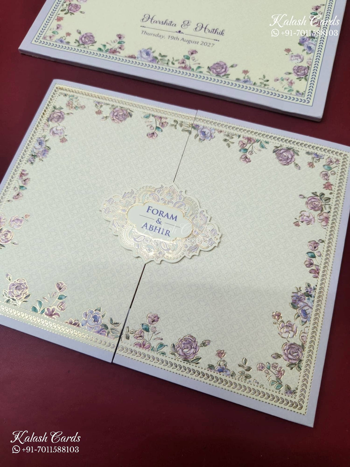KLB-1147 Creme Blue Floral Door Style Semi Box Wedding Card (2 Page)