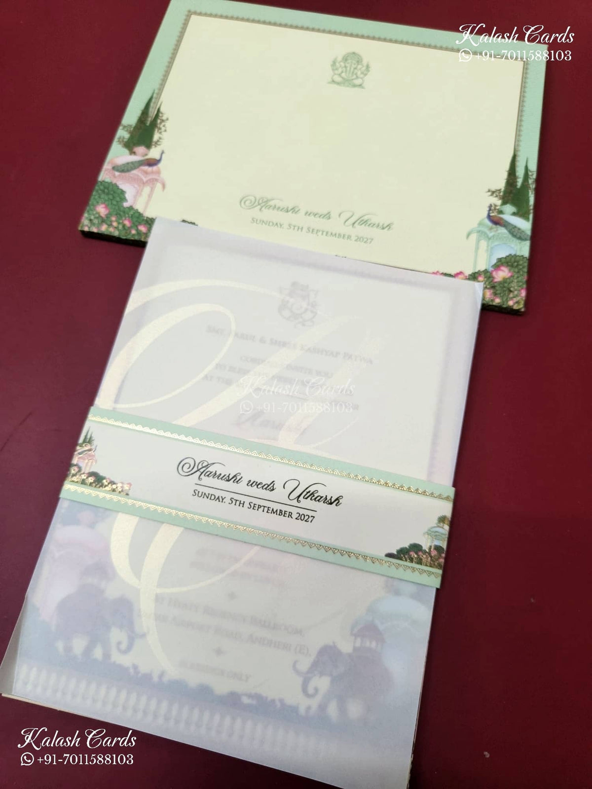 KLB-1148 Creme Green Royal Arch Semi Box Wedding Card (2 Page & Sealing Band)