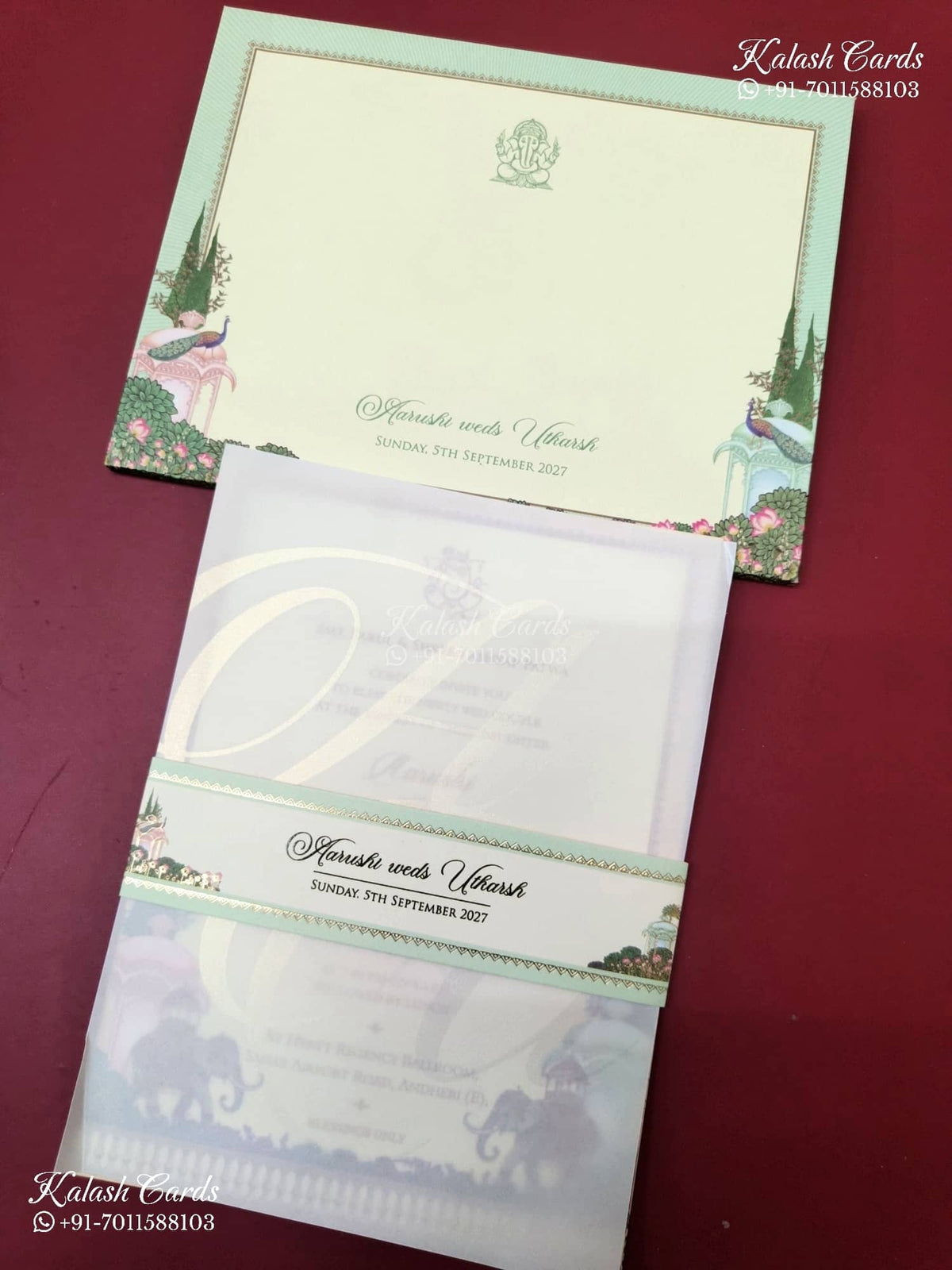 KLB-1148 Creme Green Royal Arch Semi Box Wedding Card (2 Page & Sealing Band)