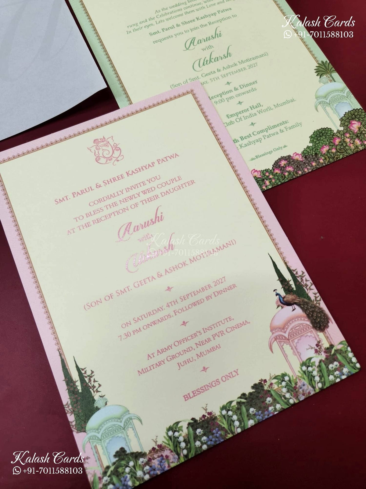KLB-1148 Creme Green Royal Arch Semi Box Wedding Card (2 Page & Sealing Band)