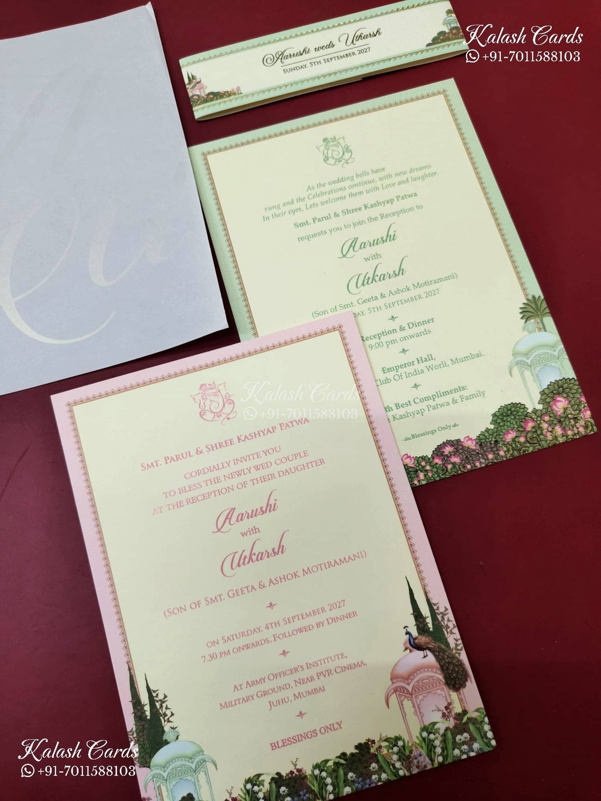 KLB-1148 Creme Green Royal Arch Semi Box Wedding Card (2 Page & Sealing Band)