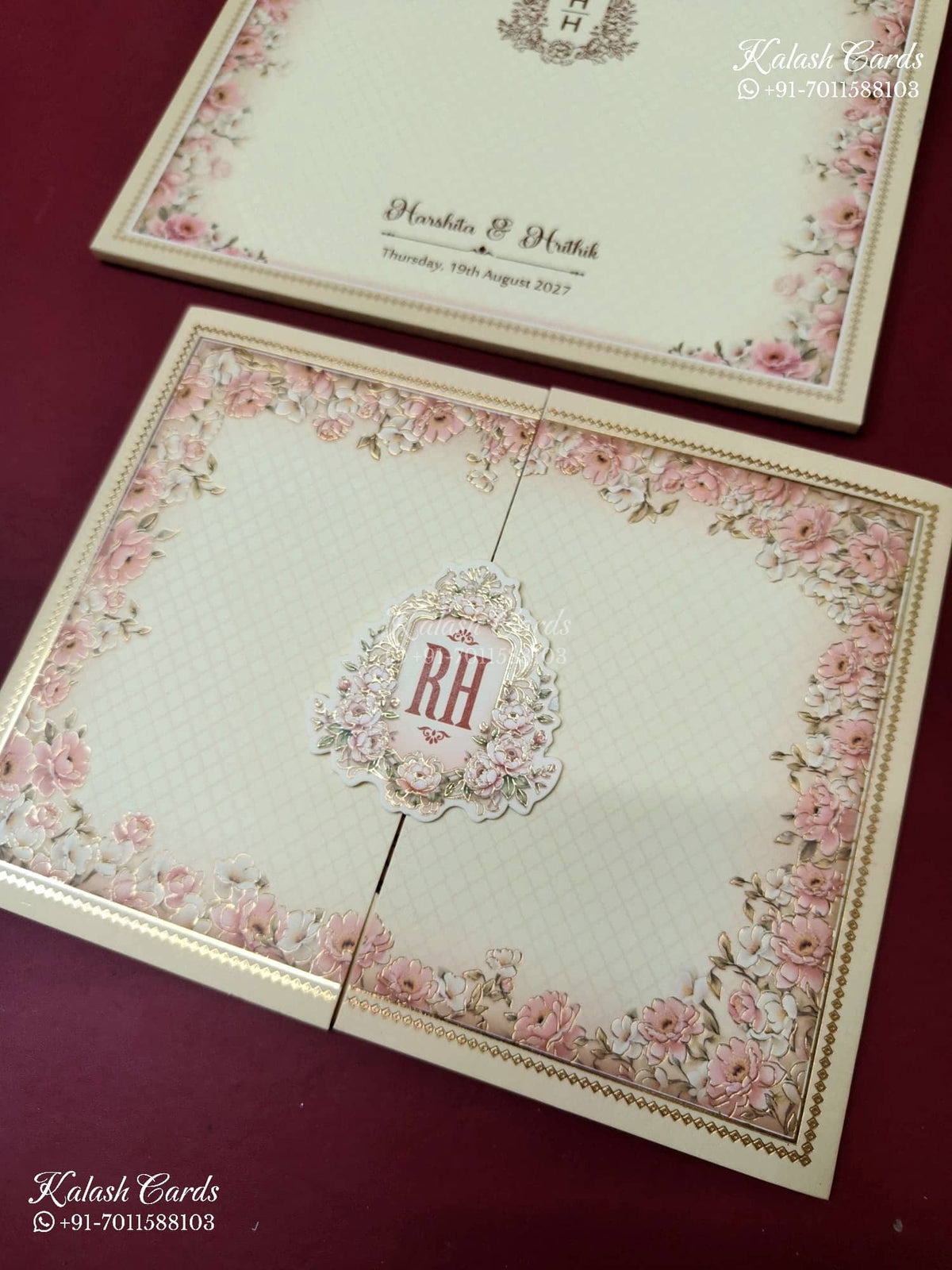 KLB-1150 Creme Floral Door Style Semi Box Wedding Card (2 Page)