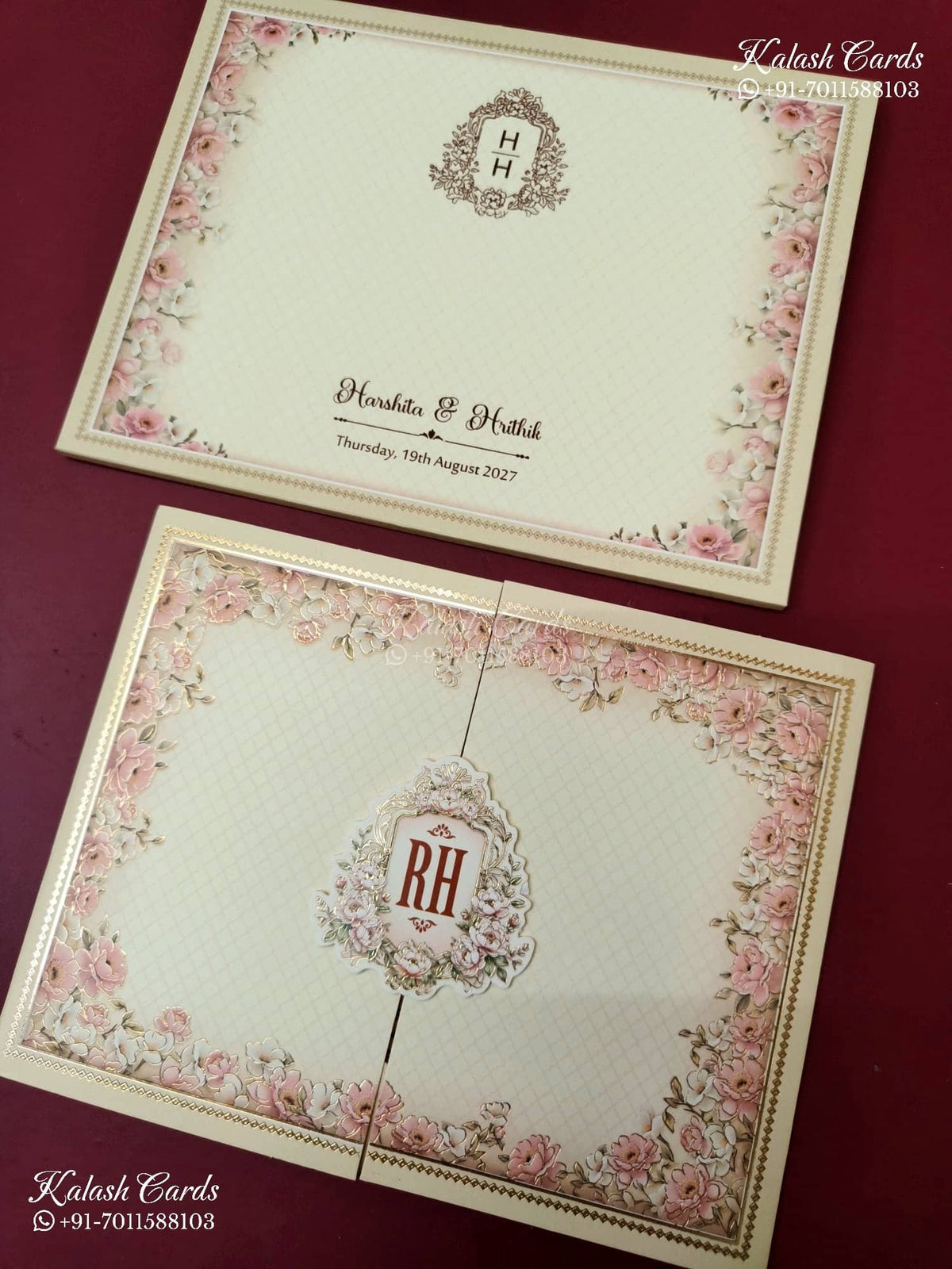 KLB-1150 Creme Floral Door Style Semi Box Wedding Card (2 Page)