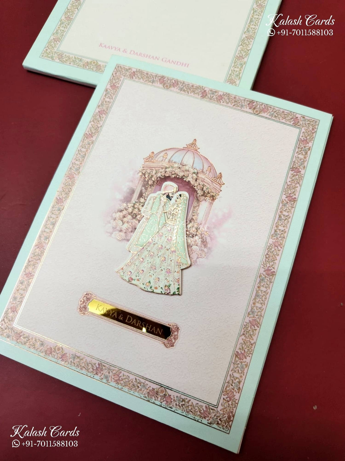 KLB-1151 Green Pink Mandap Semi Box Wedding Card (2 Page & Couple Name Acrylic)