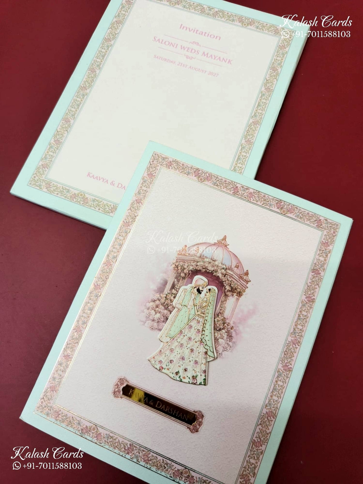 KLB-1151 Green Pink Mandap Semi Box Wedding Card (2 Page & Couple Name Acrylic)