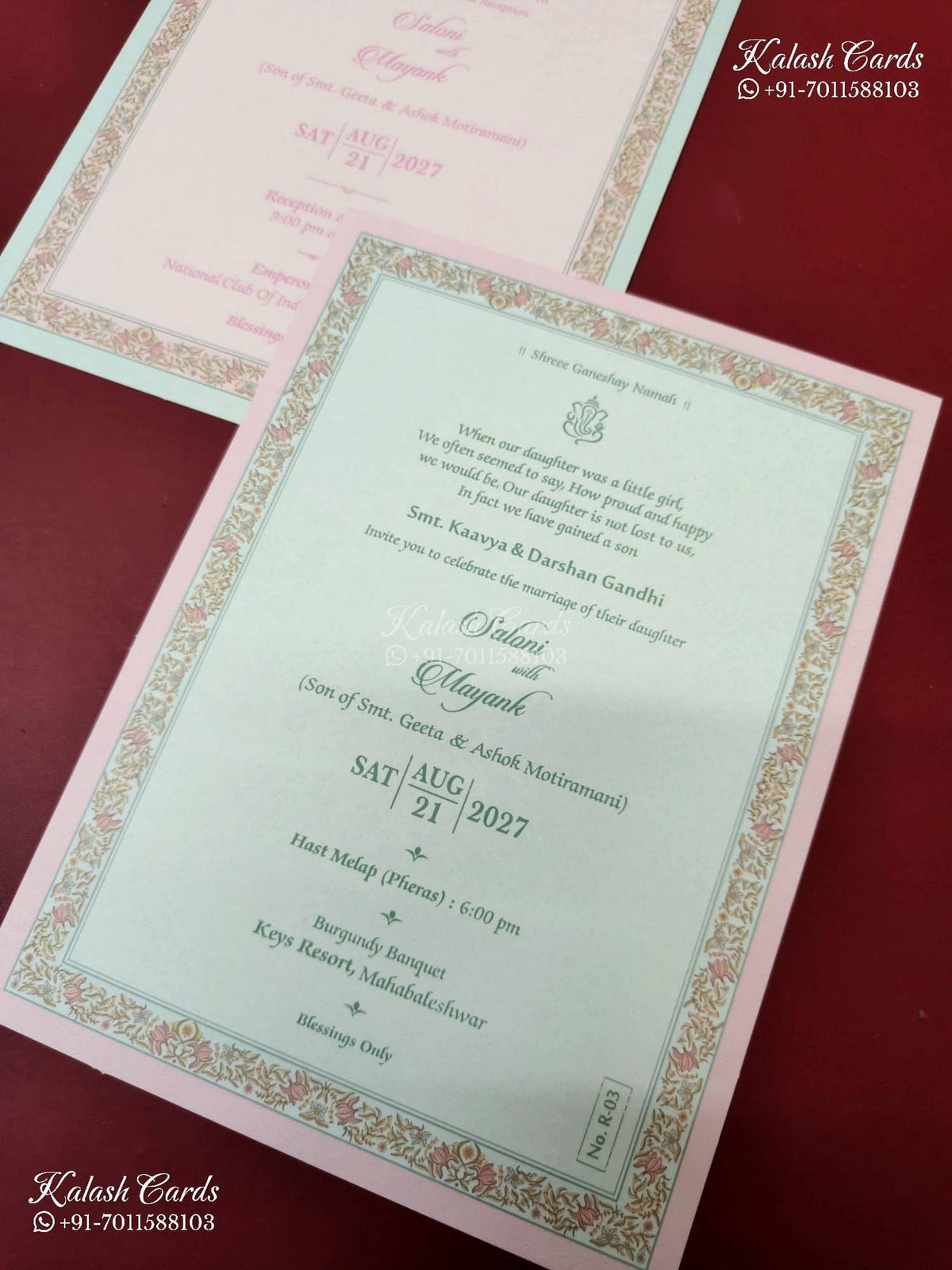 KLB-1151 Green Pink Mandap Semi Box Wedding Card (2 Page & Couple Name Acrylic)