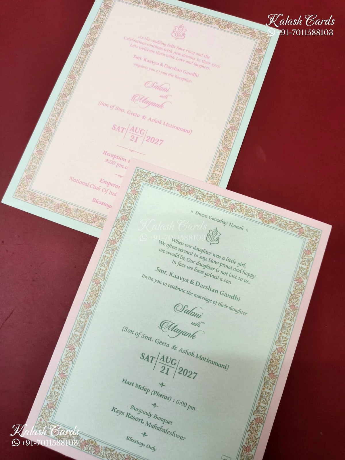 KLB-1151 Green Pink Mandap Semi Box Wedding Card (2 Page & Couple Name Acrylic)