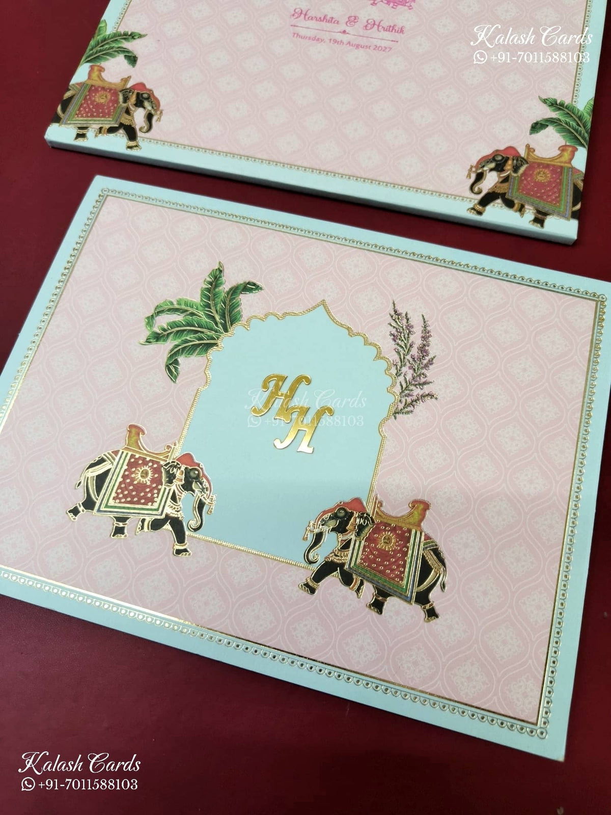 KLB-1152 Green Pink Elephant Semi Box Wedding Card (2 Page & Couple Initial Acrylic)