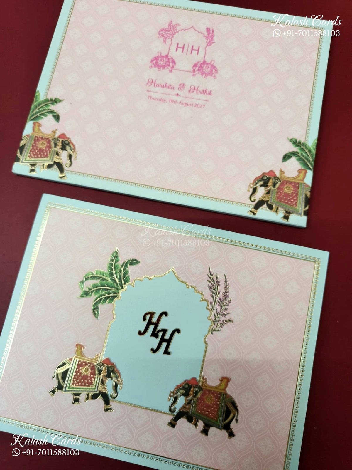 KLB-1152 Green Pink Elephant Semi Box Wedding Card (2 Page & Couple Initial Acrylic)