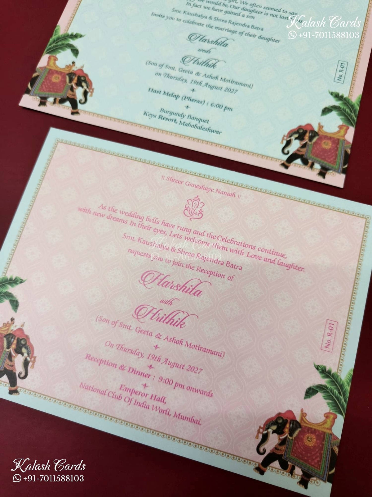 KLB-1152 Green Pink Elephant Semi Box Wedding Card (2 Page & Couple Initial Acrylic)