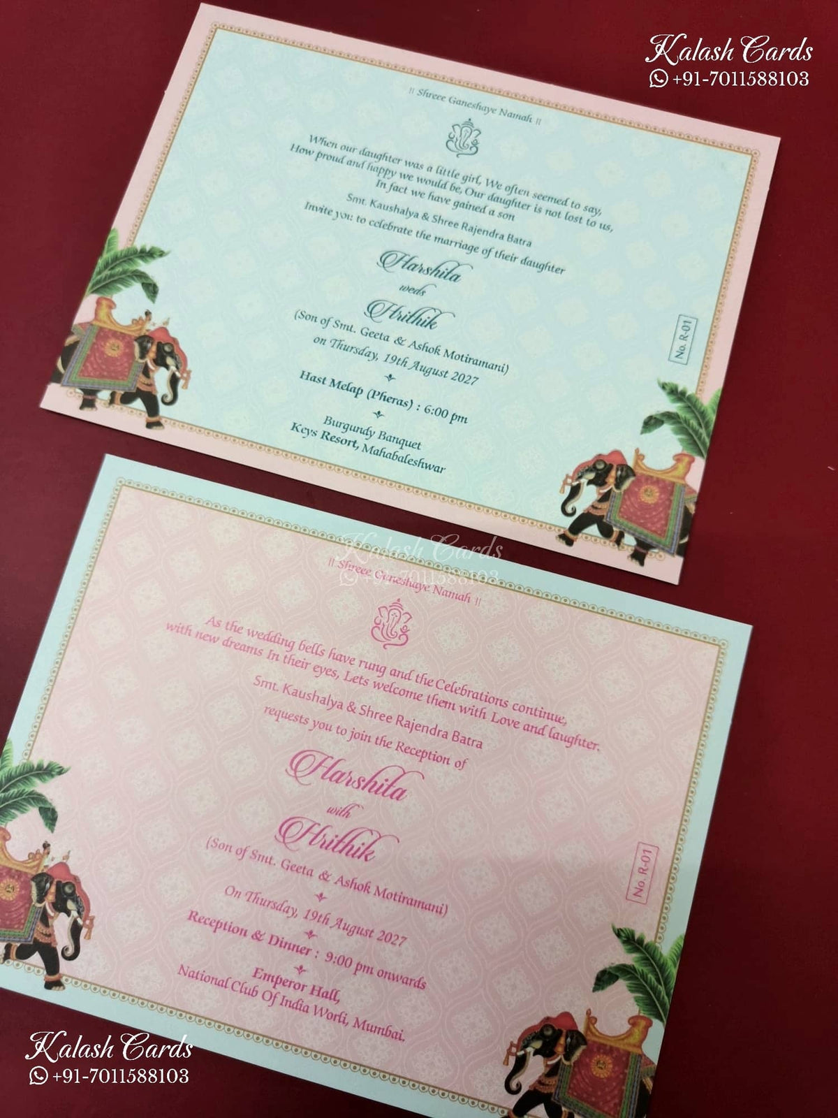 KLB-1152 Green Pink Elephant Semi Box Wedding Card (2 Page & Couple Initial Acrylic)