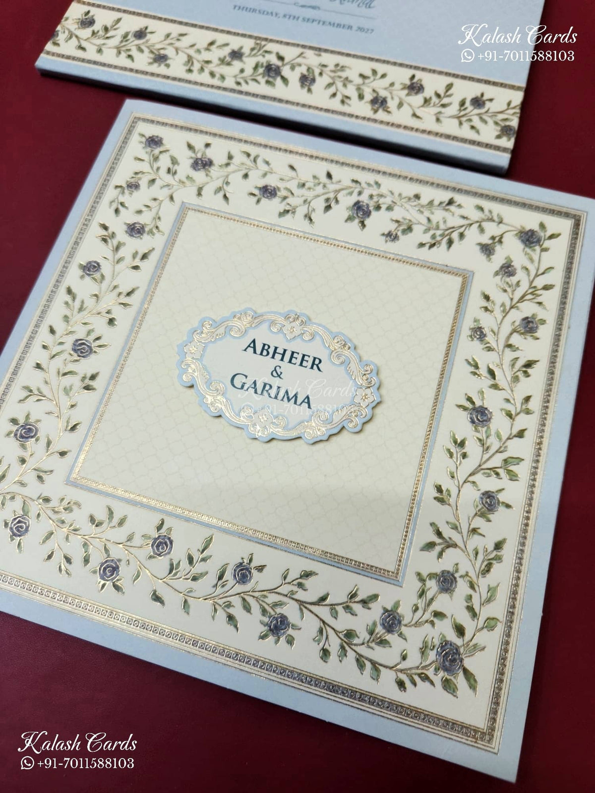 KLB-1154 Creme Blue Floral Semi Box Wedding Card (2 Page)