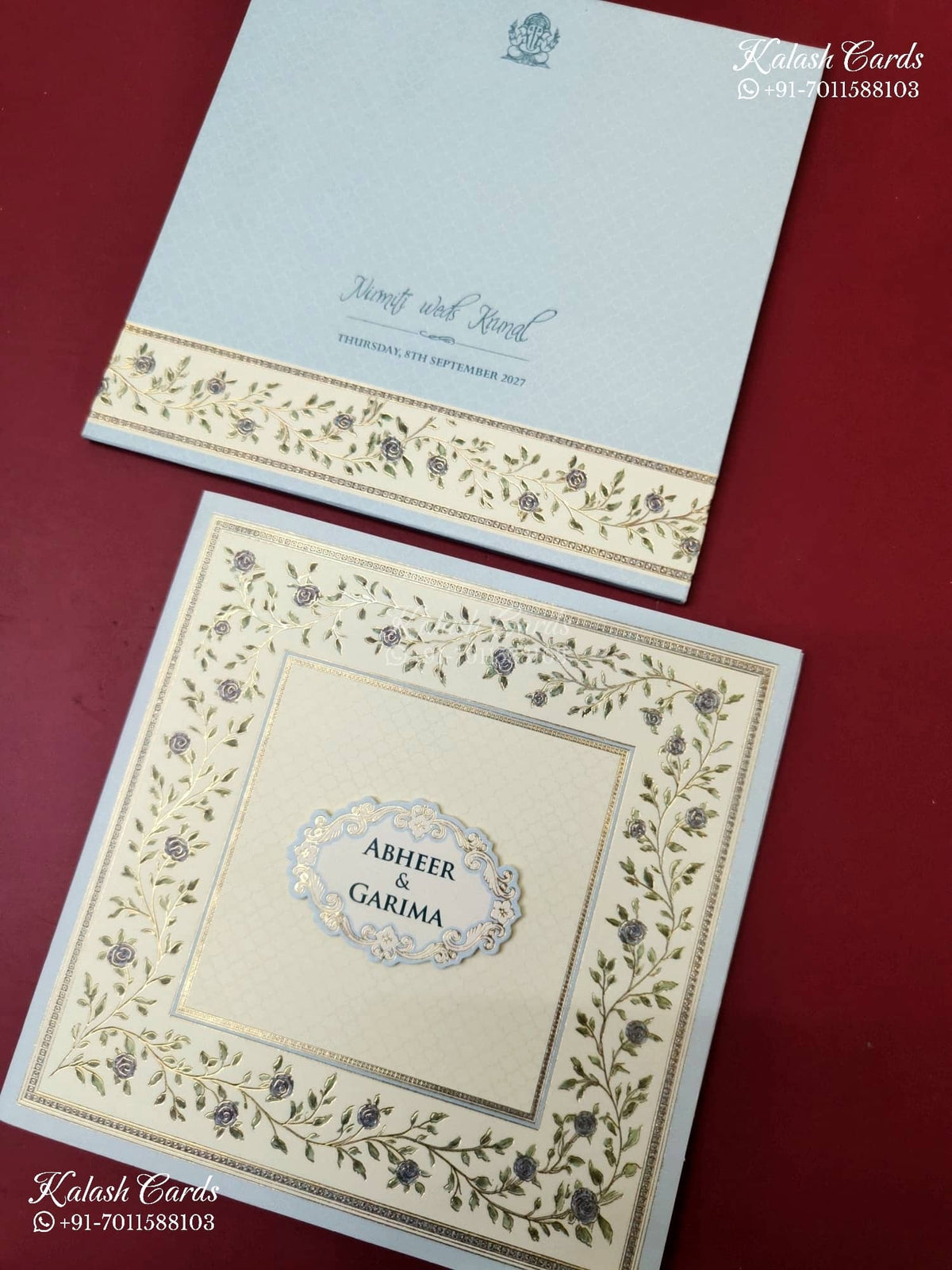 KLB-1154 Creme Blue Floral Semi Box Wedding Card (2 Page)