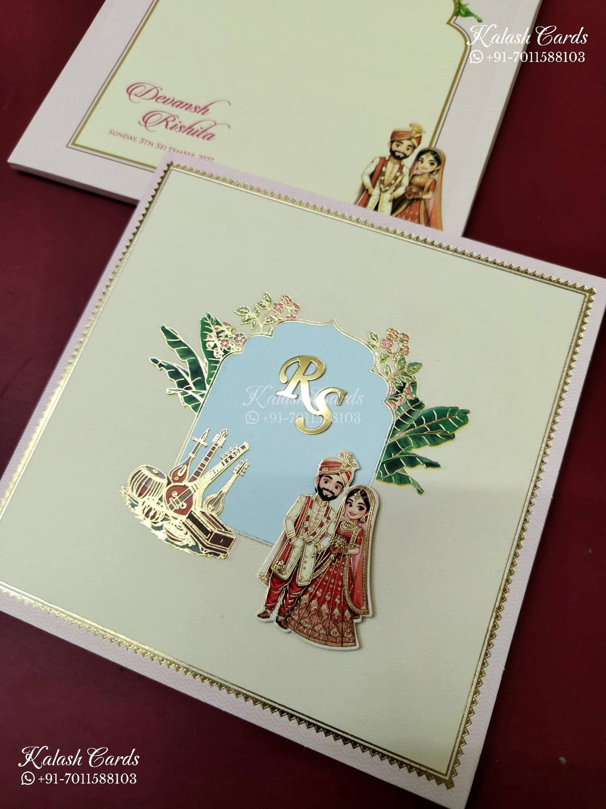 KLB-1155 Creme Bride Groom Semi Box Wedding Card (2 Page & Couple Initial Acrylic)