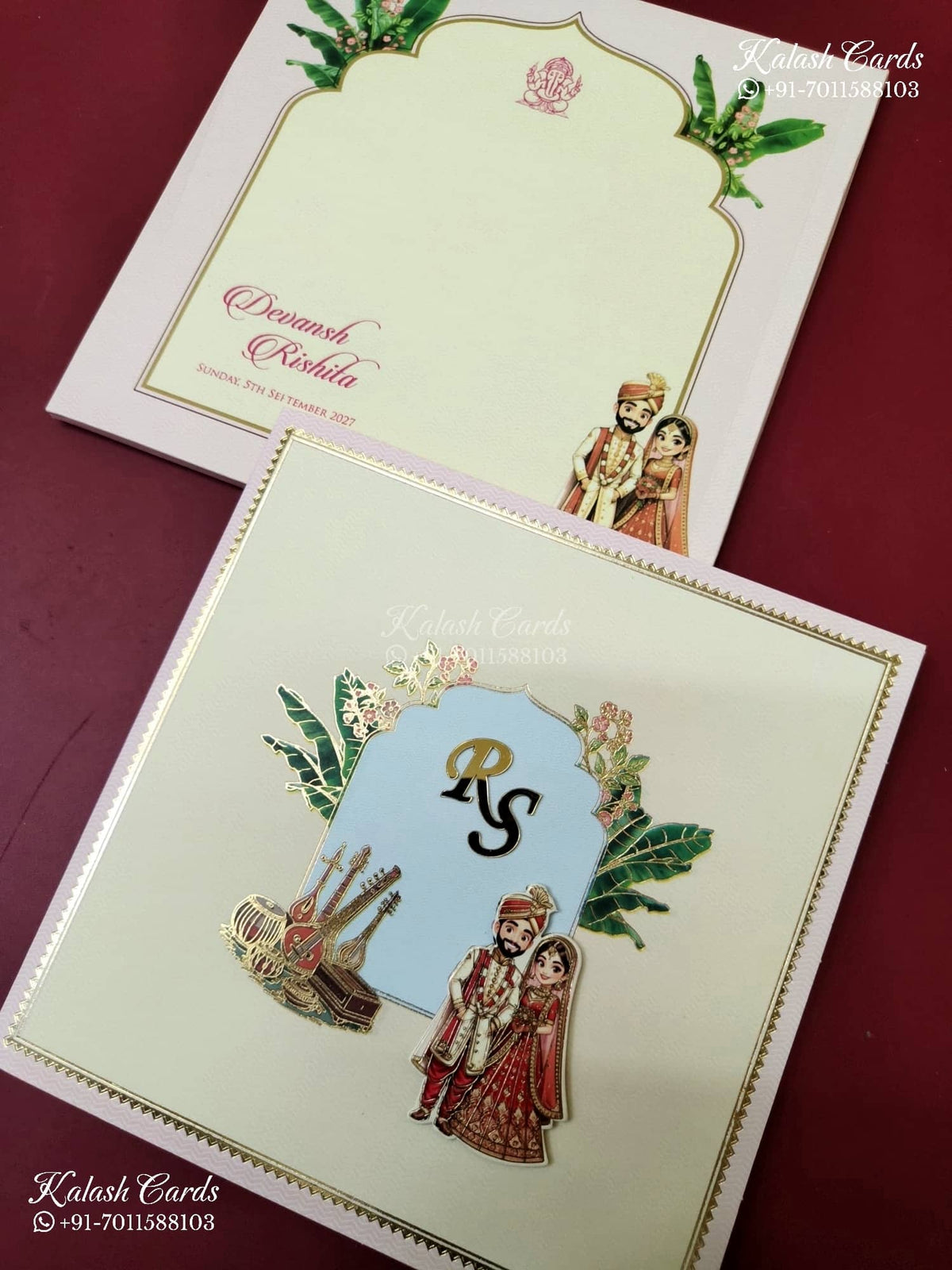 KLB-1155 Creme Bride Groom Semi Box Wedding Card (2 Page & Couple Initial Acrylic)
