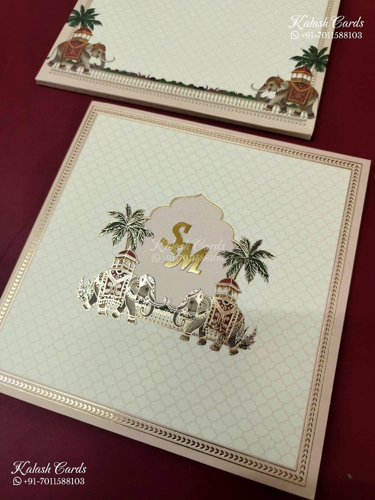 KLB-1156 Creme Elephant Semi Box Wedding Card (2 Page & Couple Initial Acrylic)
